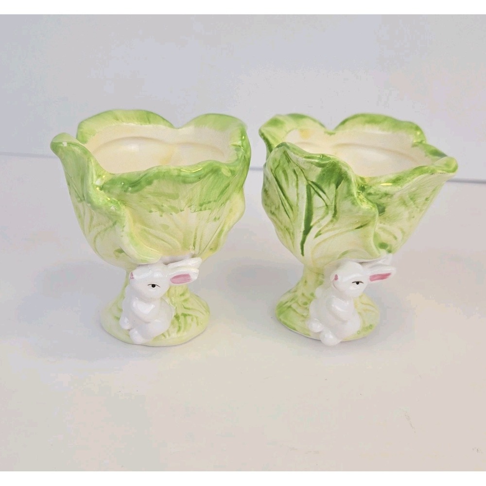 Bunny Rabit‎ With Cabbage Egg Cup Vtg Ceramic Cottagecore Set Of 2 Holiday Decor